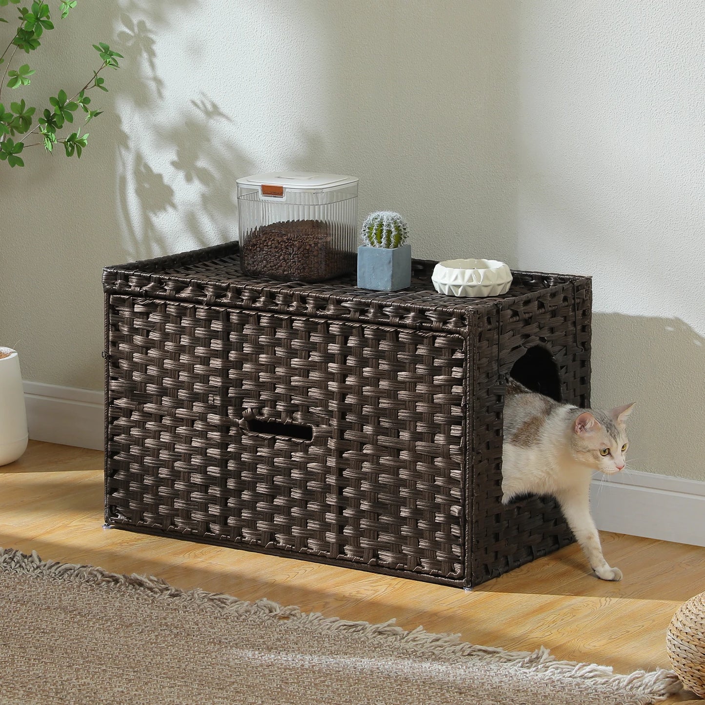 Rattan Cat Litter Box Enclosure With Taller Doorway And Flip Up Design