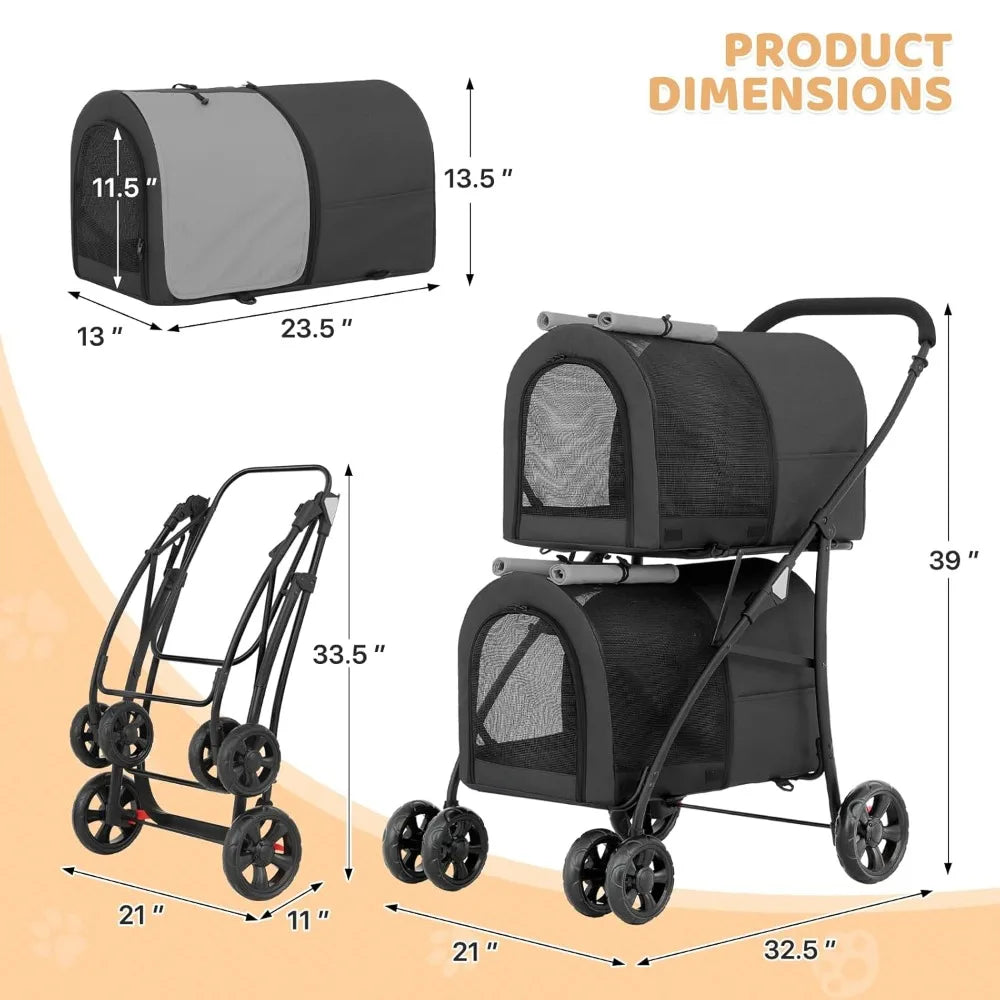 Double Dog Stroller With 2 Detachable Carrier Bags 4 Wheel Folding Travel Cart