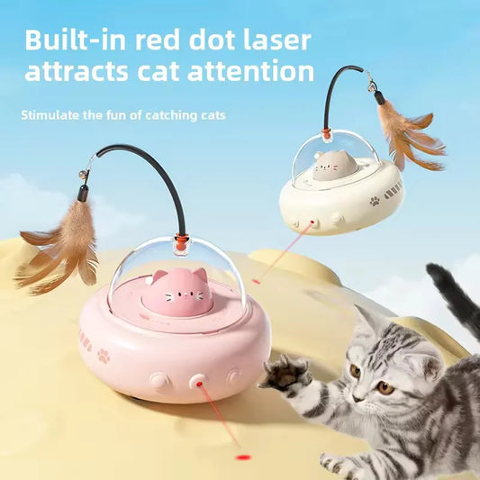 Electric UFO Cat Teaser Stick With Bell Replaceable Feather Interactive Cat Toy