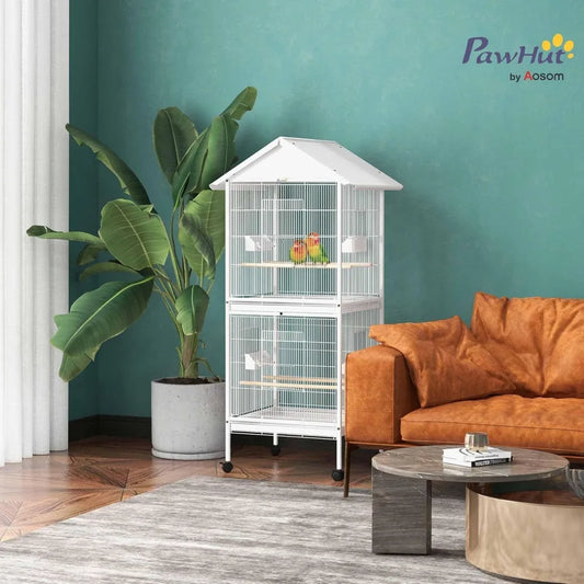 Wrought Iron Bird Cage Feeder with Rolling Stand and Large Front Doors