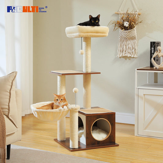 Modern Wood Cat Tree Tower For Indoor Cats With Condo Hammock Scratching Posts