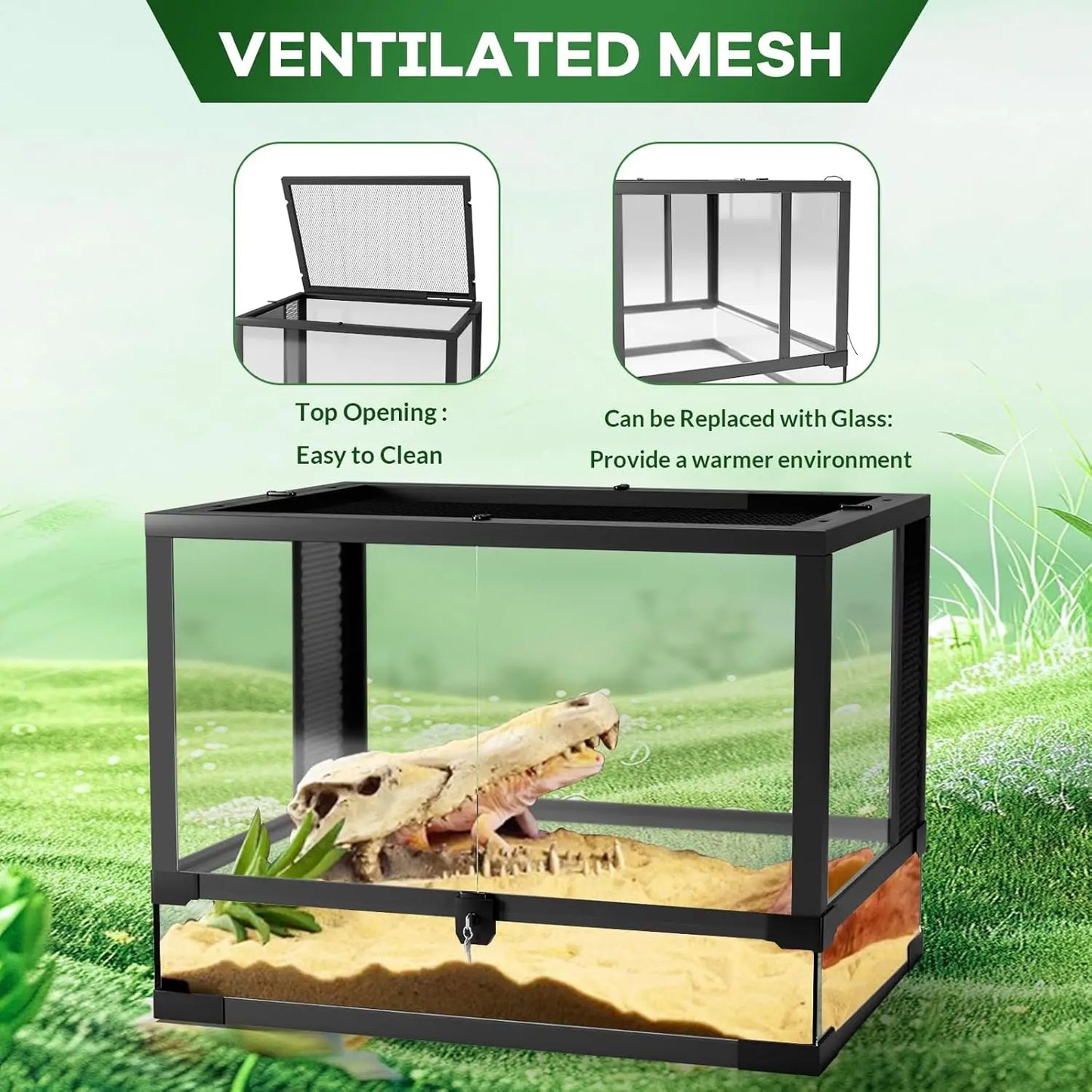 Glass Reptile Terrarium With Top And Side Ventilation Double Hinge Door