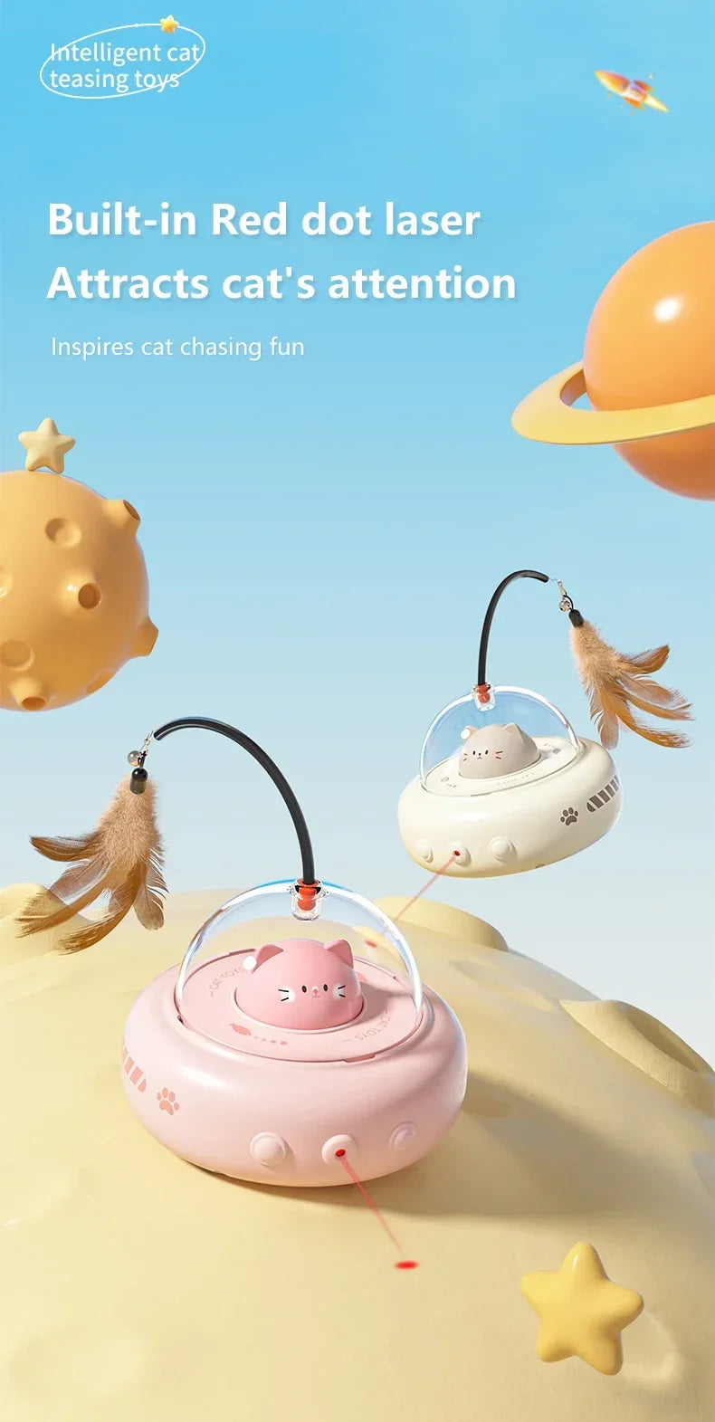 Electric UFO Cat Teaser Wand With Bell And Replaceable Feather