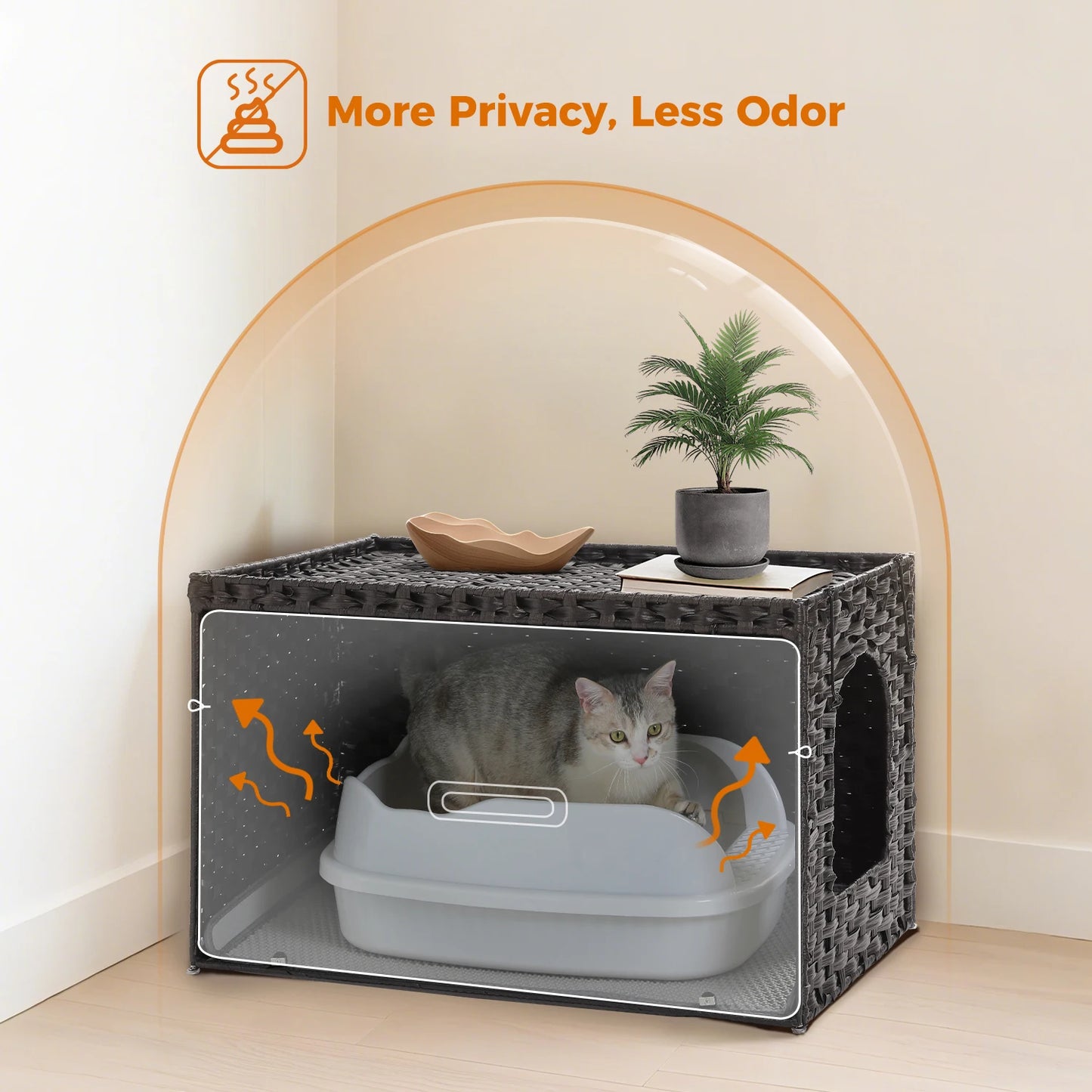 Rattan Cat Litter Box Enclosure With Taller Doorway And Flip Up Design