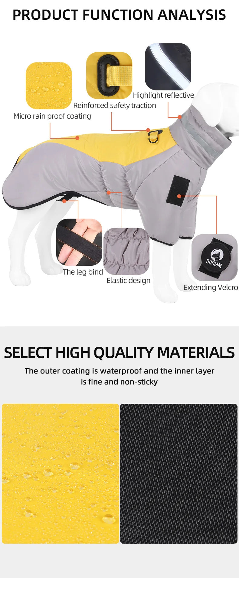 Warm Reflective Puffer Dog Coat For Large Dogs With Built In Harness Vest