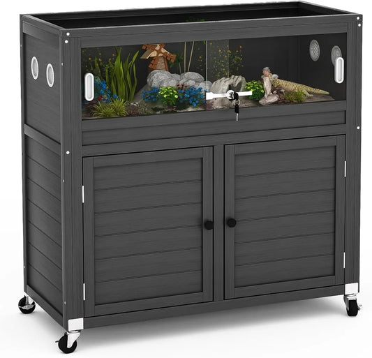 Reptile Terrarium with Stand, 30 Gallon Reptile Tank with Adjustable Storage Cabinet, Wheels & Metal Mesh Roof Door, Reptile