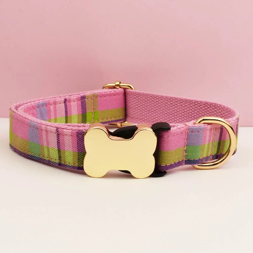 Custom Logo Plaid Dog Collar Personalized Cotton Padded Comfort