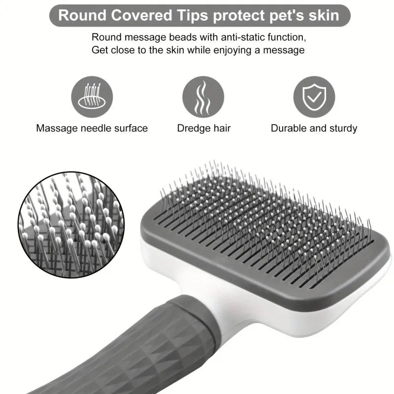 Ergonomic Self Cleaning Pet Brush With Round Tip Needles For Dogs And Cats 20cm