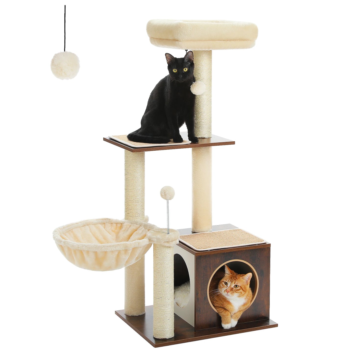 Modern Wood Cat Tree Tower For Indoor Cats With Condo Hammock Scratching Posts