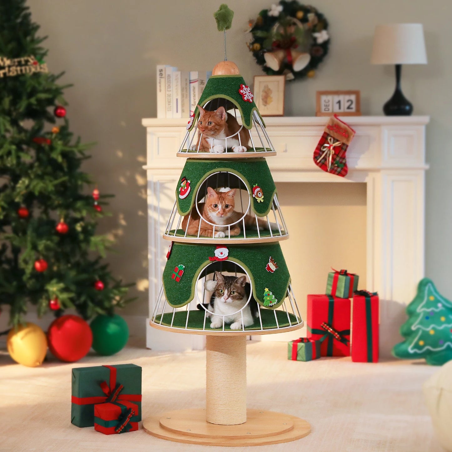 PAWZ Road Christmas Multi Level Cat Tree Tower With 3 Cozy Condos And Pompoms
