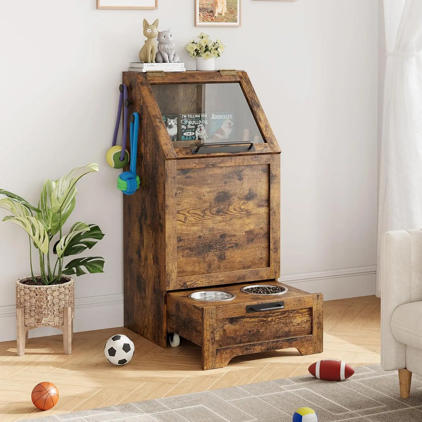 Elevated Dog Feeding Station With Dual Bowls Flip Top Cabinet And Toy Organizer