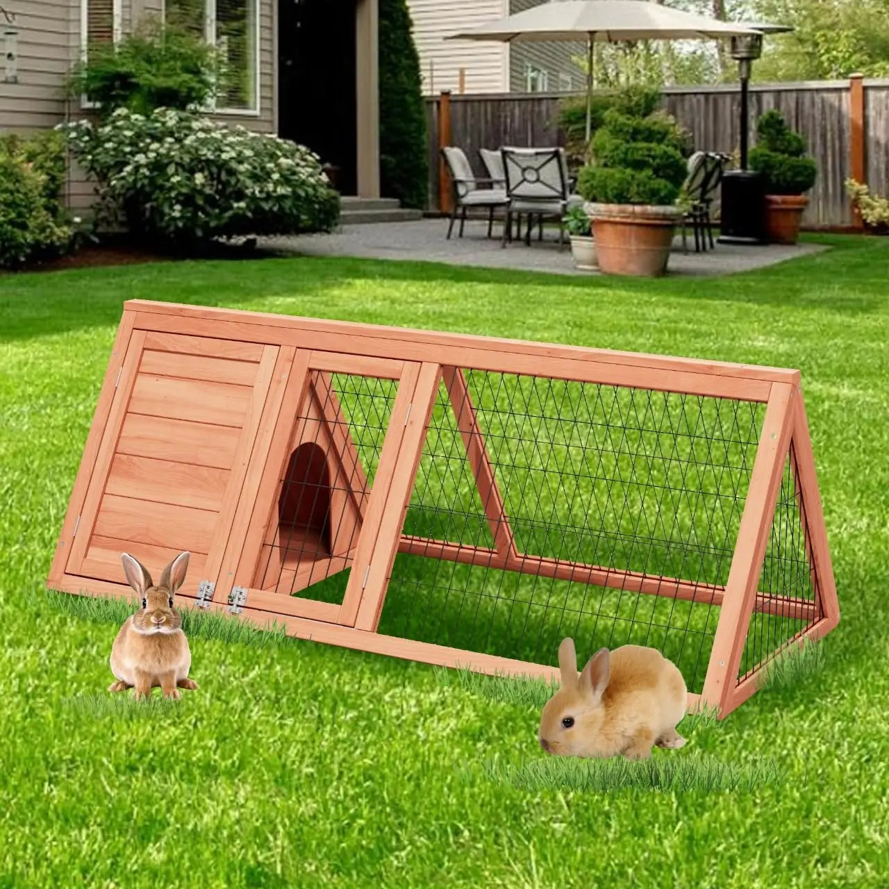 Outdoor Wooden Rabbit Hutch And Chicken Coop With Double Doors And Wire Mesh