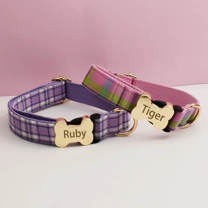 Custom Logo Plaid Dog Collar Personalized Cotton Padded Comfort