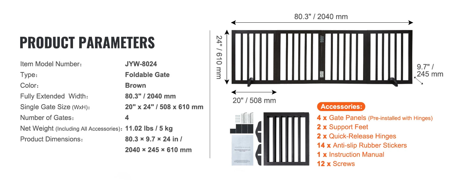 SucceBuy Free Standing Dog Gate With 3 Panels Foldable For Narrow Passages