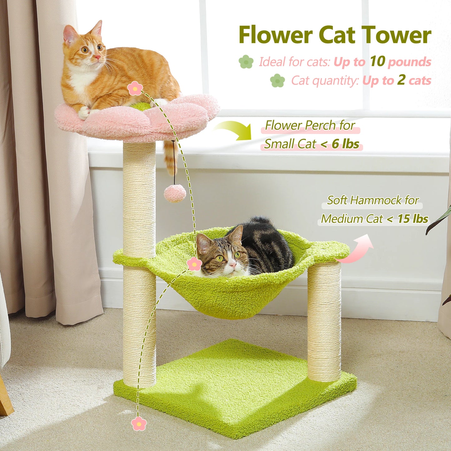 Flower Cat Tree With Large Hammock Perch And Sisal Scratching Post Indoor Tower