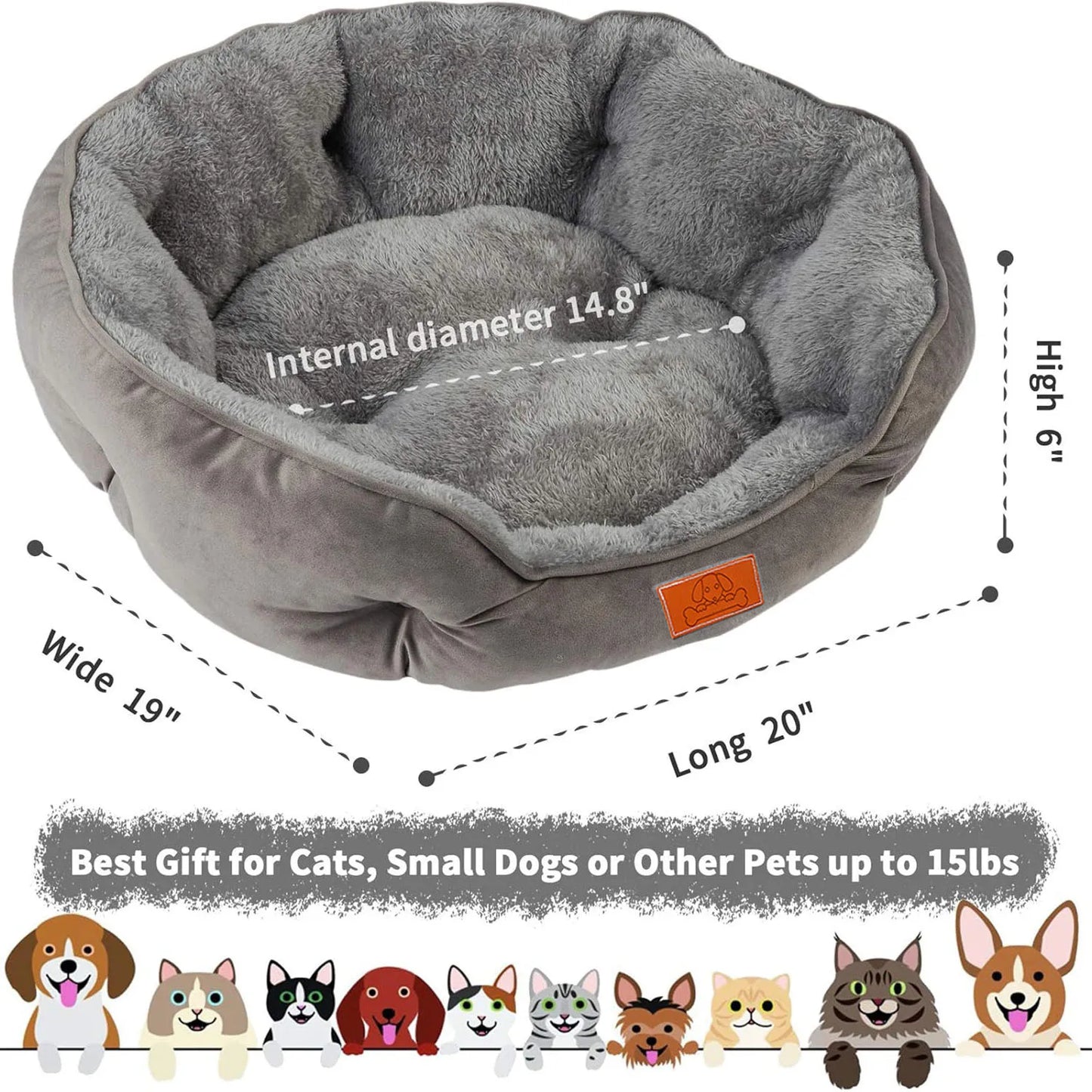 Grey Pet Bed 50 CM Washable Non Slip Base Water Resistant For All Pets