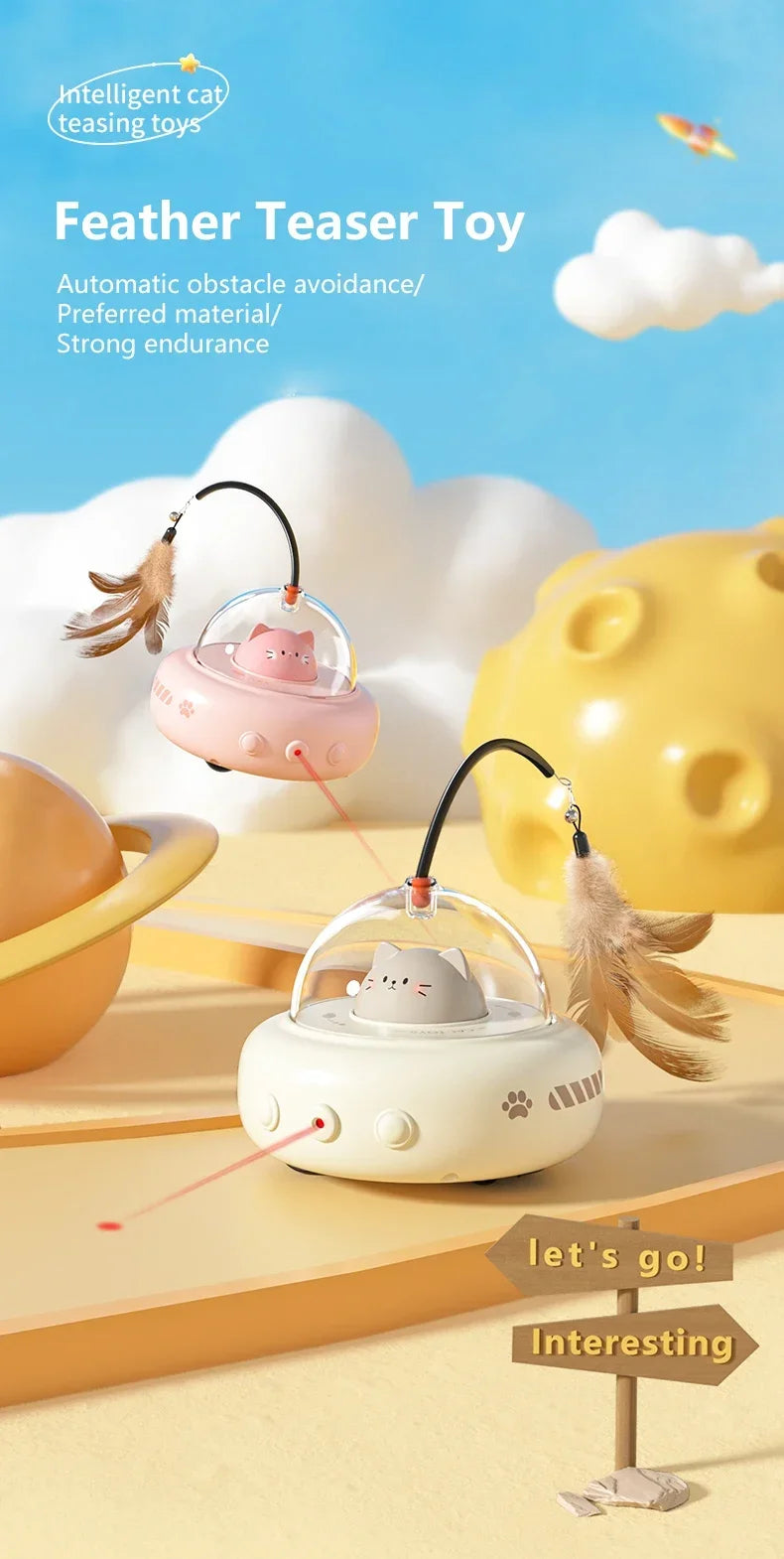 Electric UFO Cat Teaser Wand With Bell And Replaceable Feather