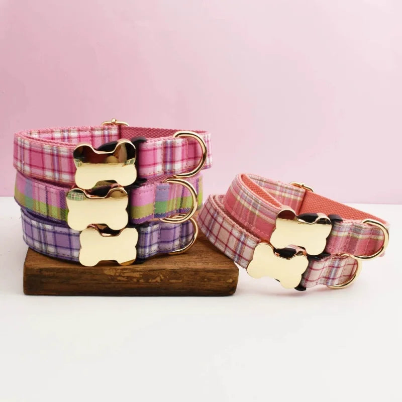 Custom Logo Plaid Dog Collar Personalized Cotton Padded Comfort