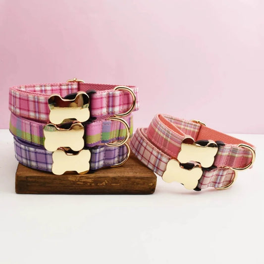 Custom Logo Plaid Dog Collar Personalized Cotton Padded Comfort