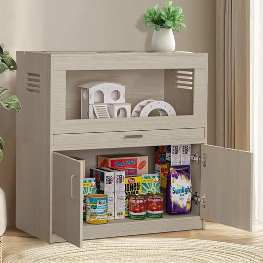 Hamster Cage With Independent Storage Cabinet, Wooden Enclosure for Guinea Pigs, Rats, Hedgehogs - Acrylic Windows, Teak
