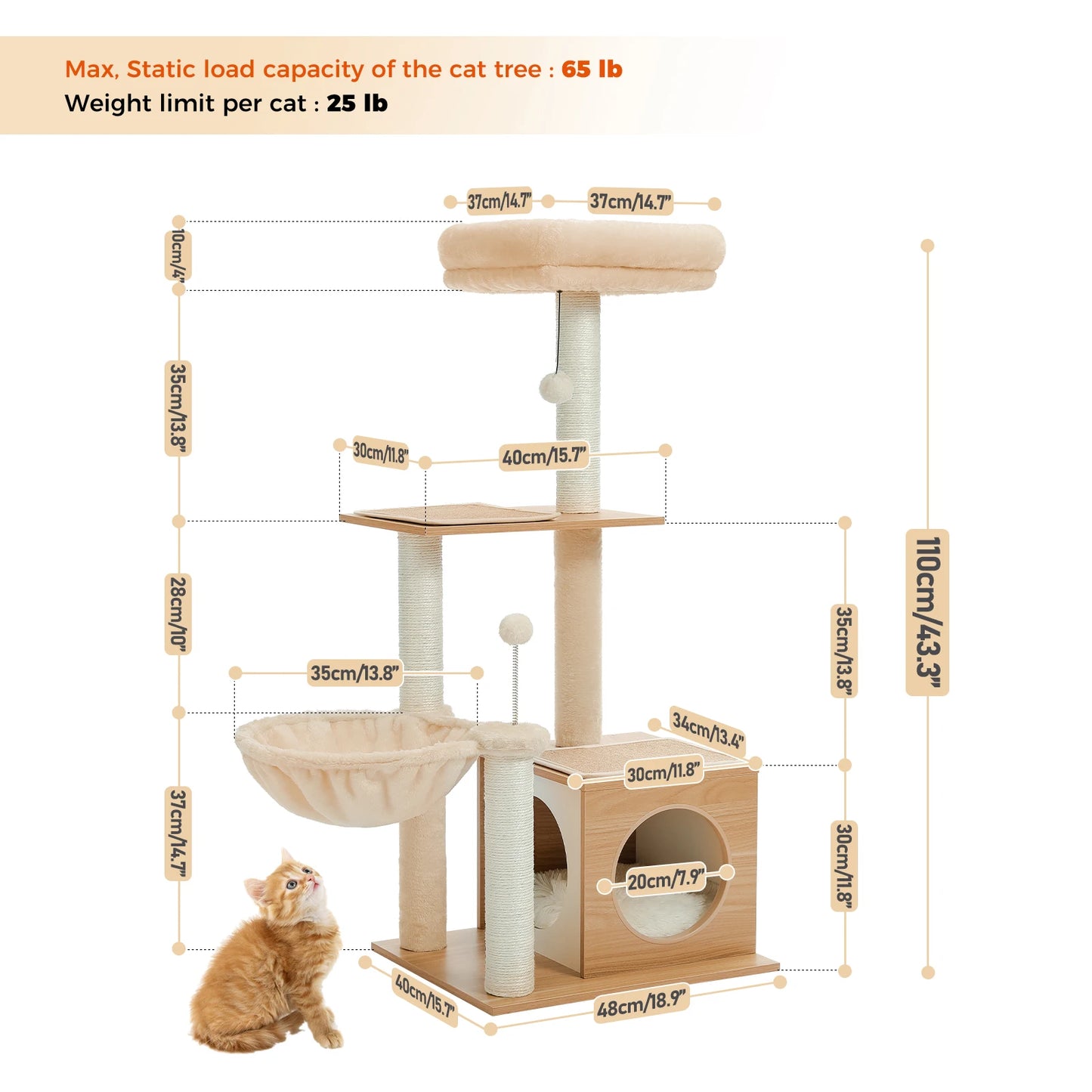 Modern Wood Cat Tree Tower For Indoor Cats With Condo Hammock Scratching Posts