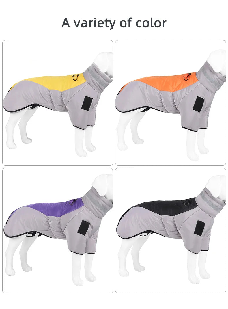 Warm Reflective Puffer Dog Coat For Large Dogs With Built In Harness Vest