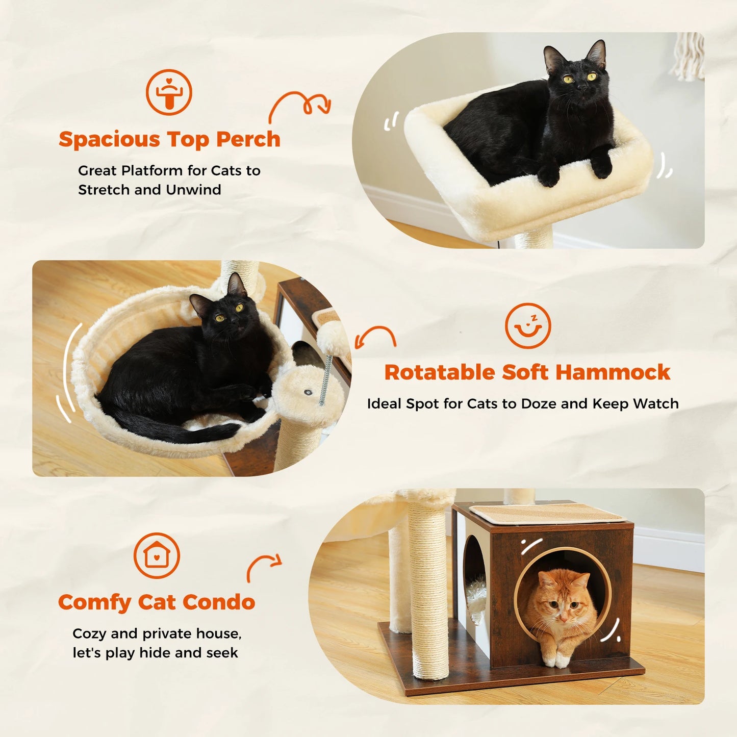 Modern Wood Cat Tree Tower For Indoor Cats With Condo Hammock Scratching Posts