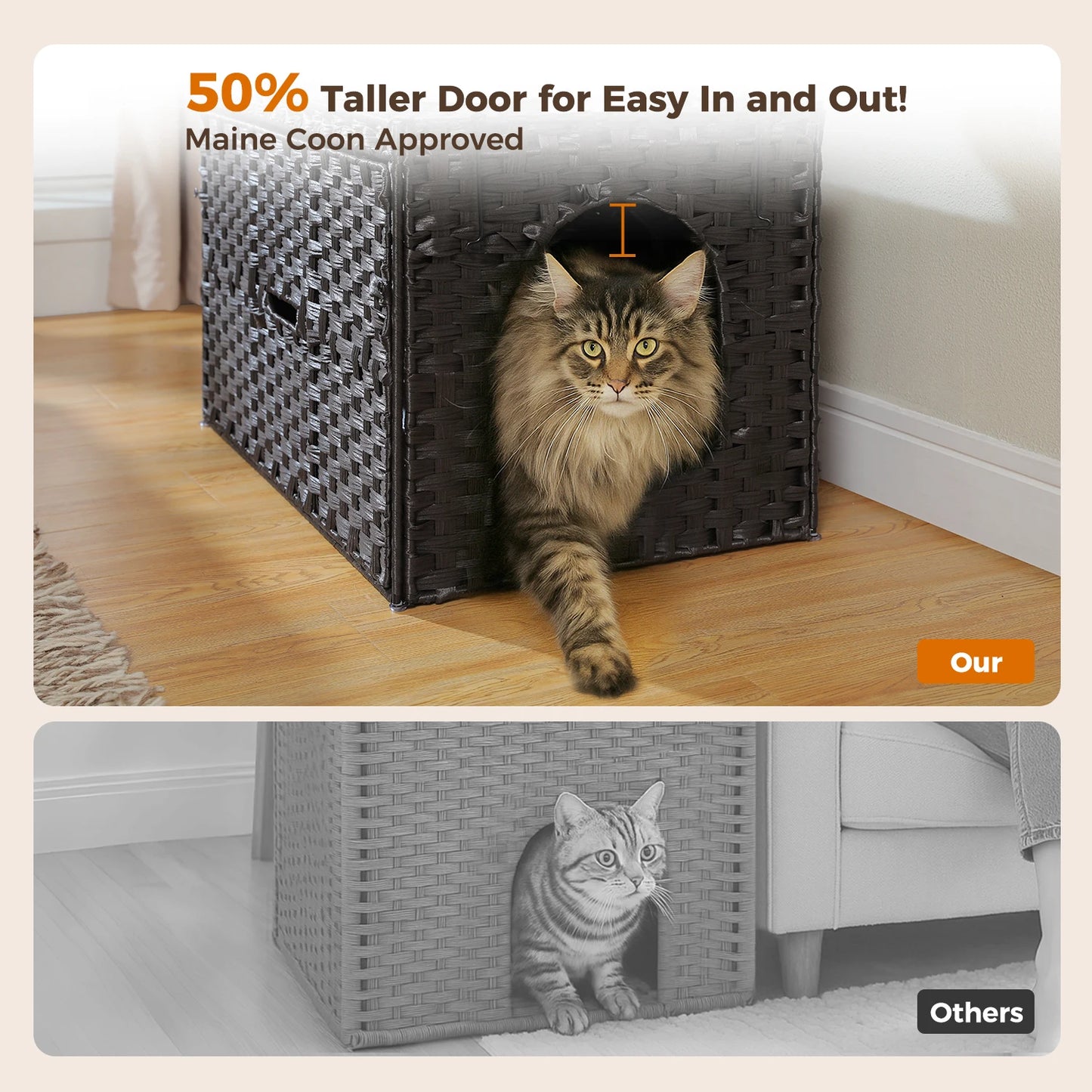 Rattan Cat Litter Box Enclosure With Taller Doorway And Flip Up Design