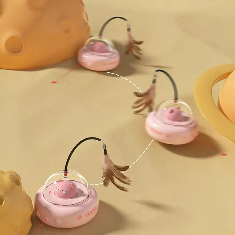 Electric UFO Cat Teaser Stick With Bell Replaceable Feather Interactive Cat Toy