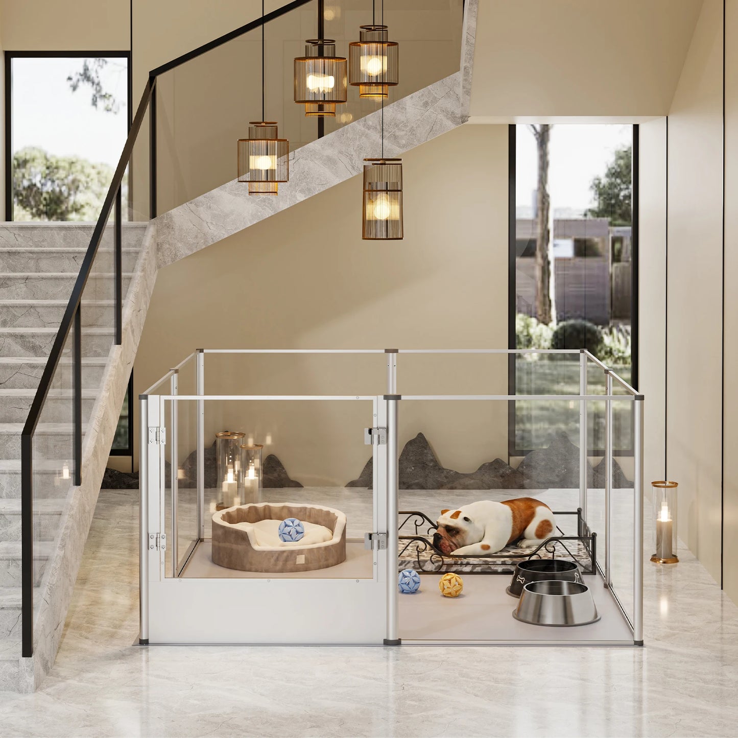 BingoPaw Acrylic Dog Playpen Fence With Clear Panels Waterproof Pad Whelping Box