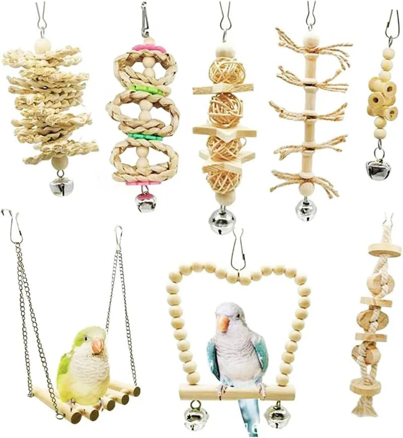 Wooden Bird Swing Chew Toy With Bell Perch For Small Parakeets Cockatiels