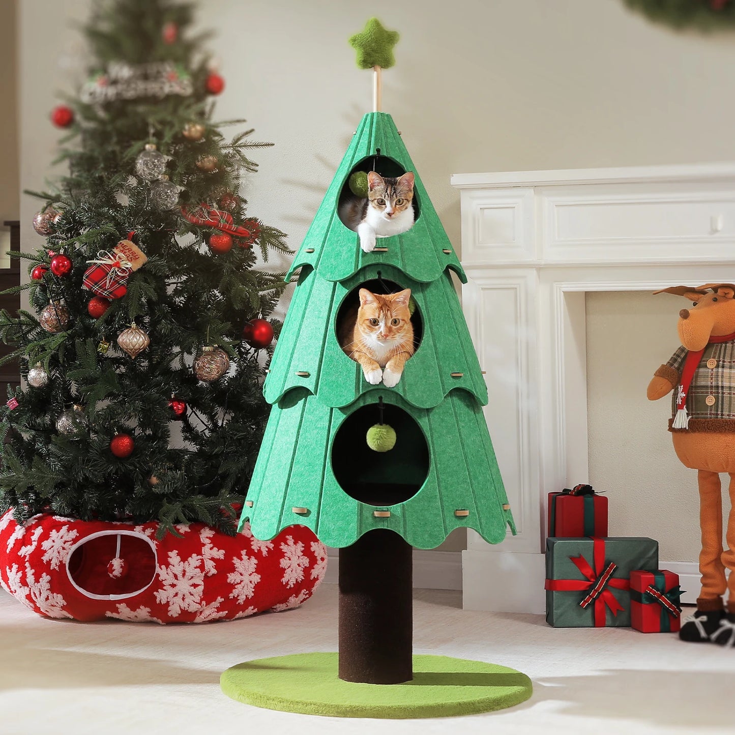 PAWZ Road Christmas Multi Level Cat Tree Tower With 3 Cozy Condos And Pompoms