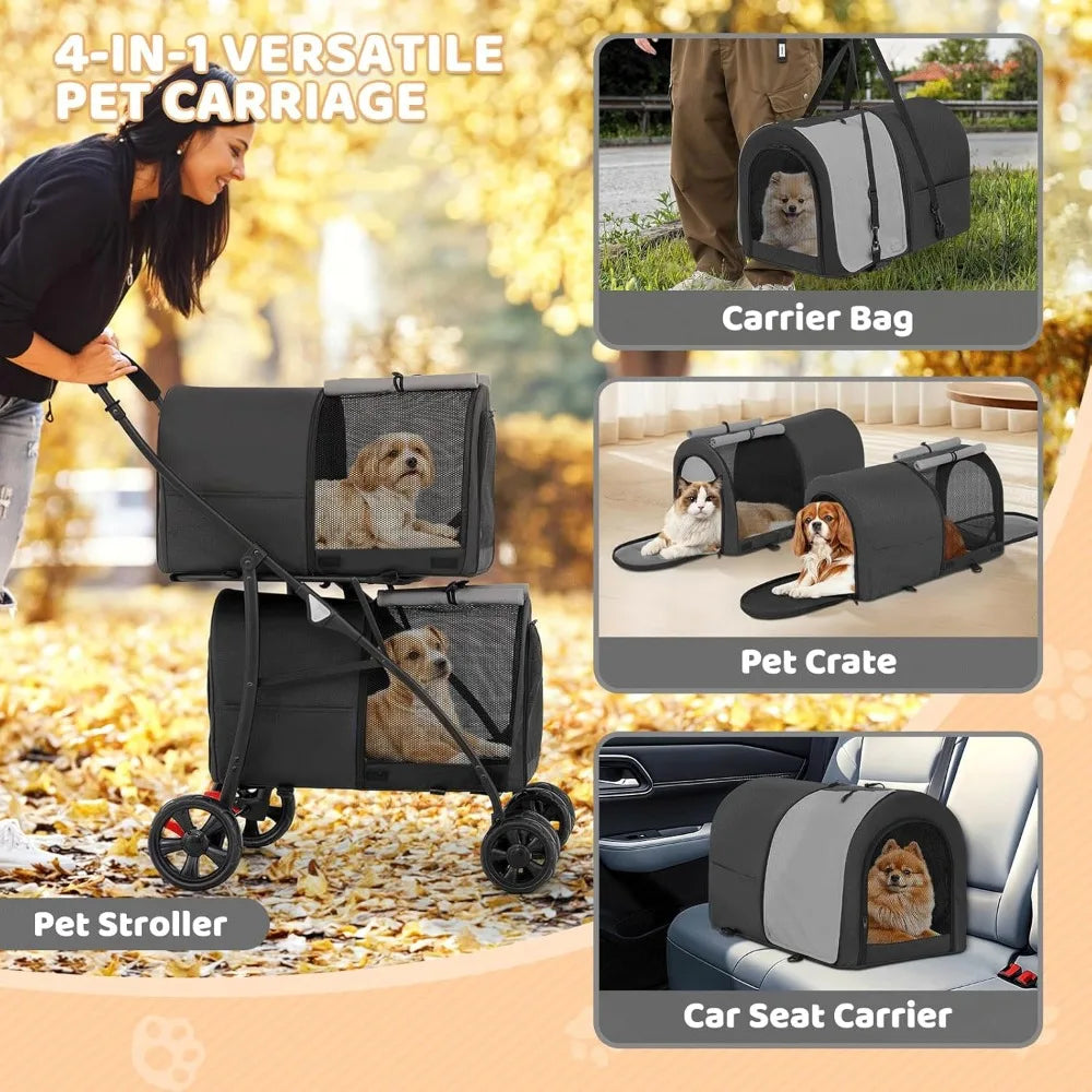 Double Dog Stroller With 2 Detachable Carrier Bags 4 Wheel Folding Travel Cart