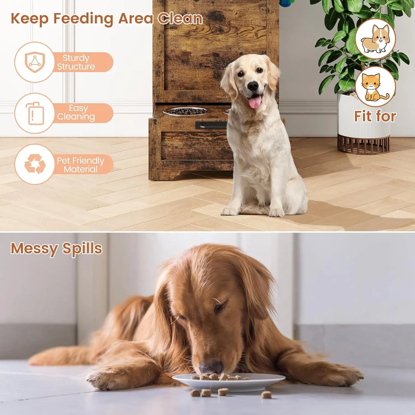 Elevated Dog Feeding Station With Dual Bowls Flip Top Cabinet And Toy Organizer