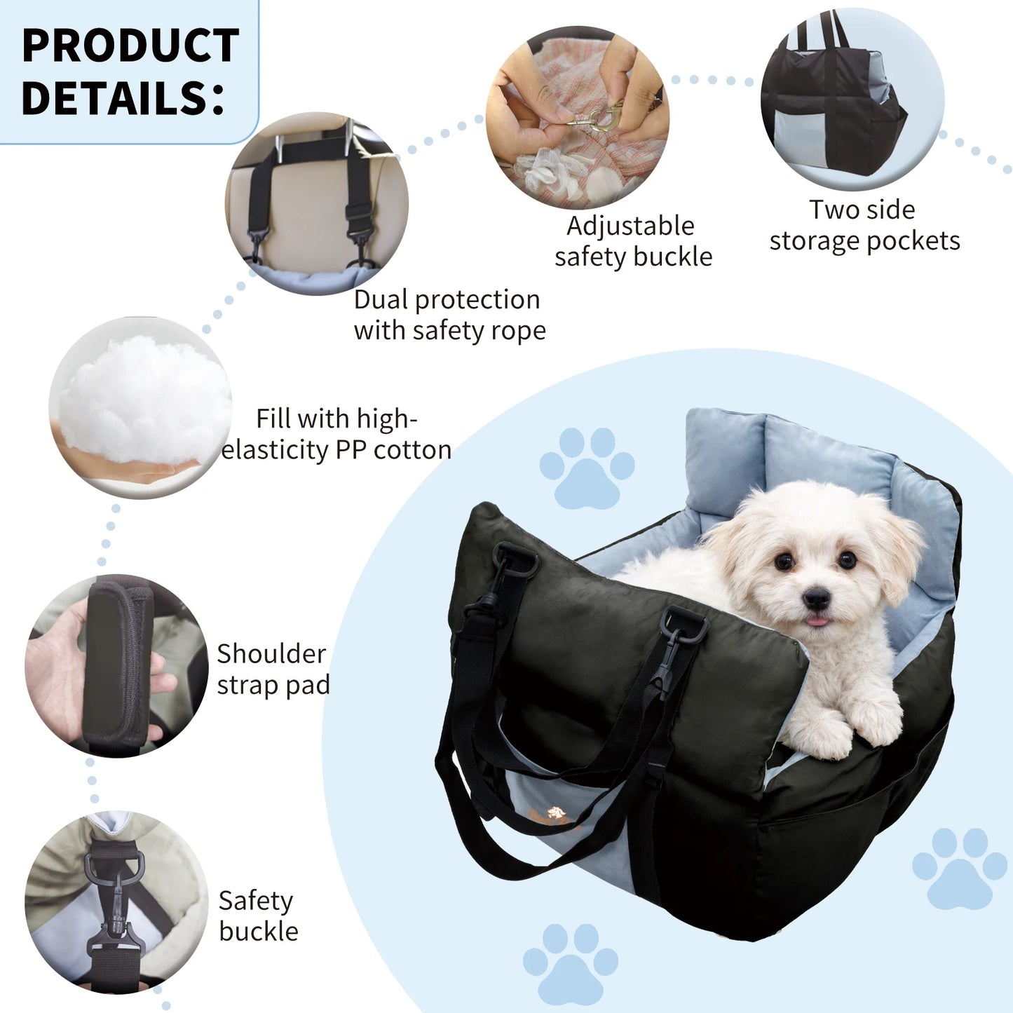 Dog Car Seat Travel Bed Carrier For Small Dogs Up To 10 Kg With Clip On Leash