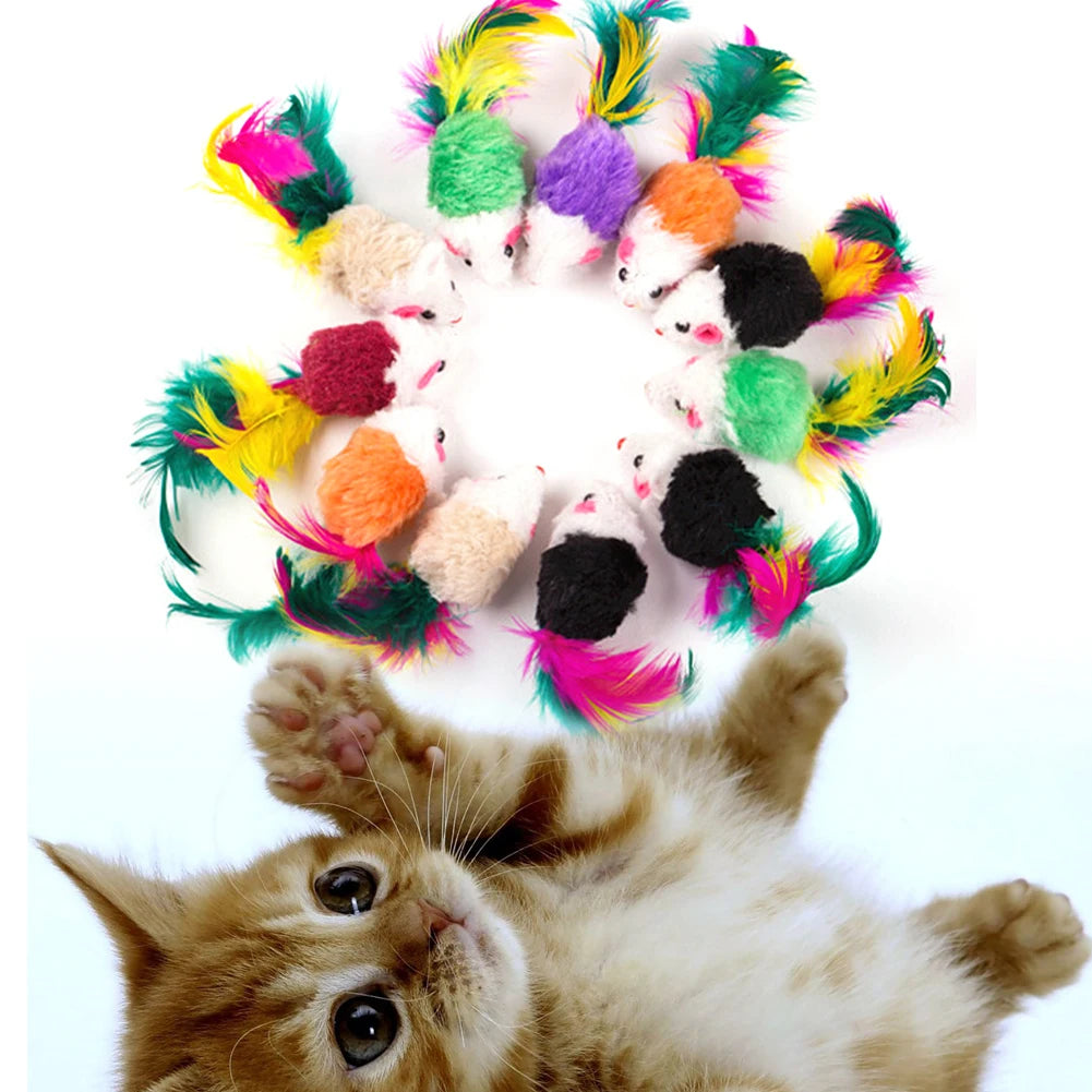 Plush Cat Toys Set 10 Pcs Feather Mice Rattle For Indoor Cats And Kittens