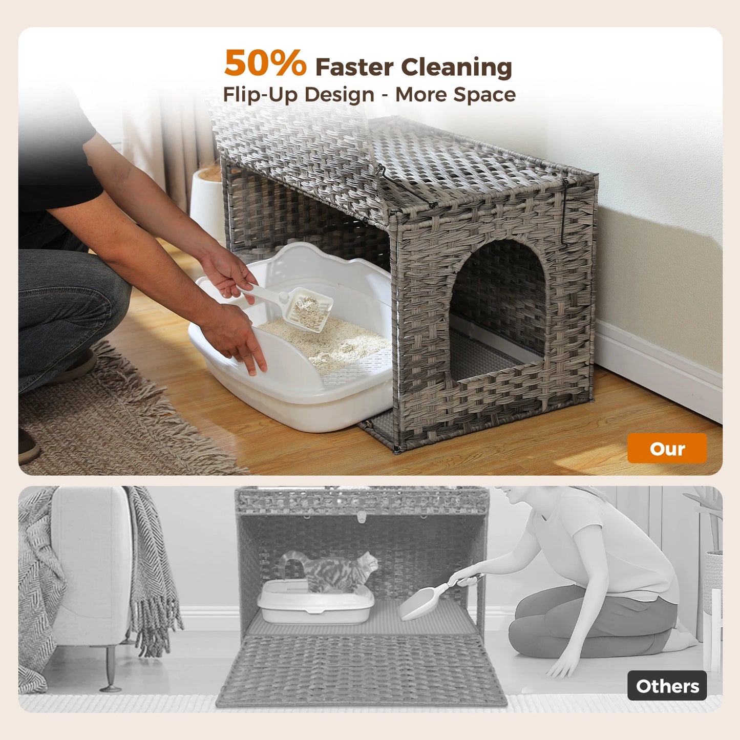 Rattan Cat Litter Box Enclosure With Taller Doorway And Flip Up Design