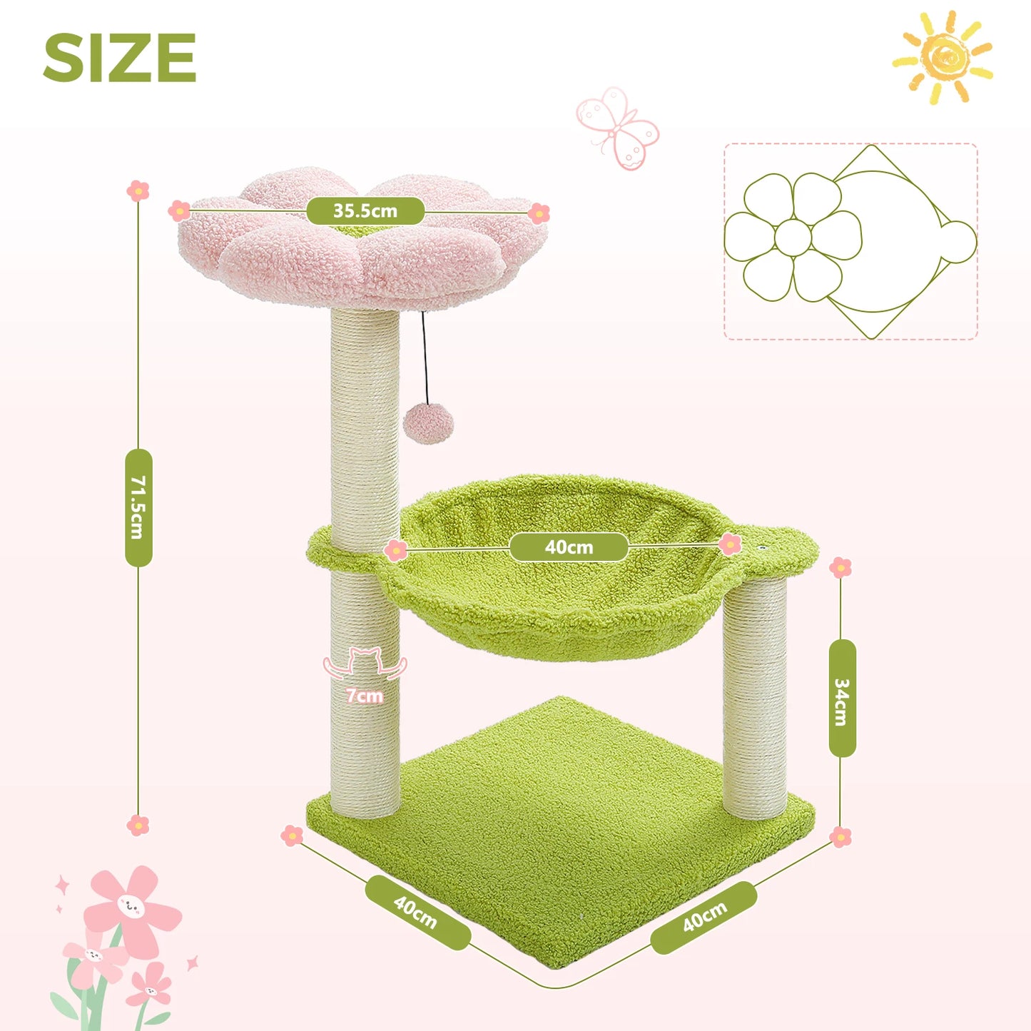 Flower Cat Tree With Large Hammock Perch And Sisal Scratching Post Indoor Tower