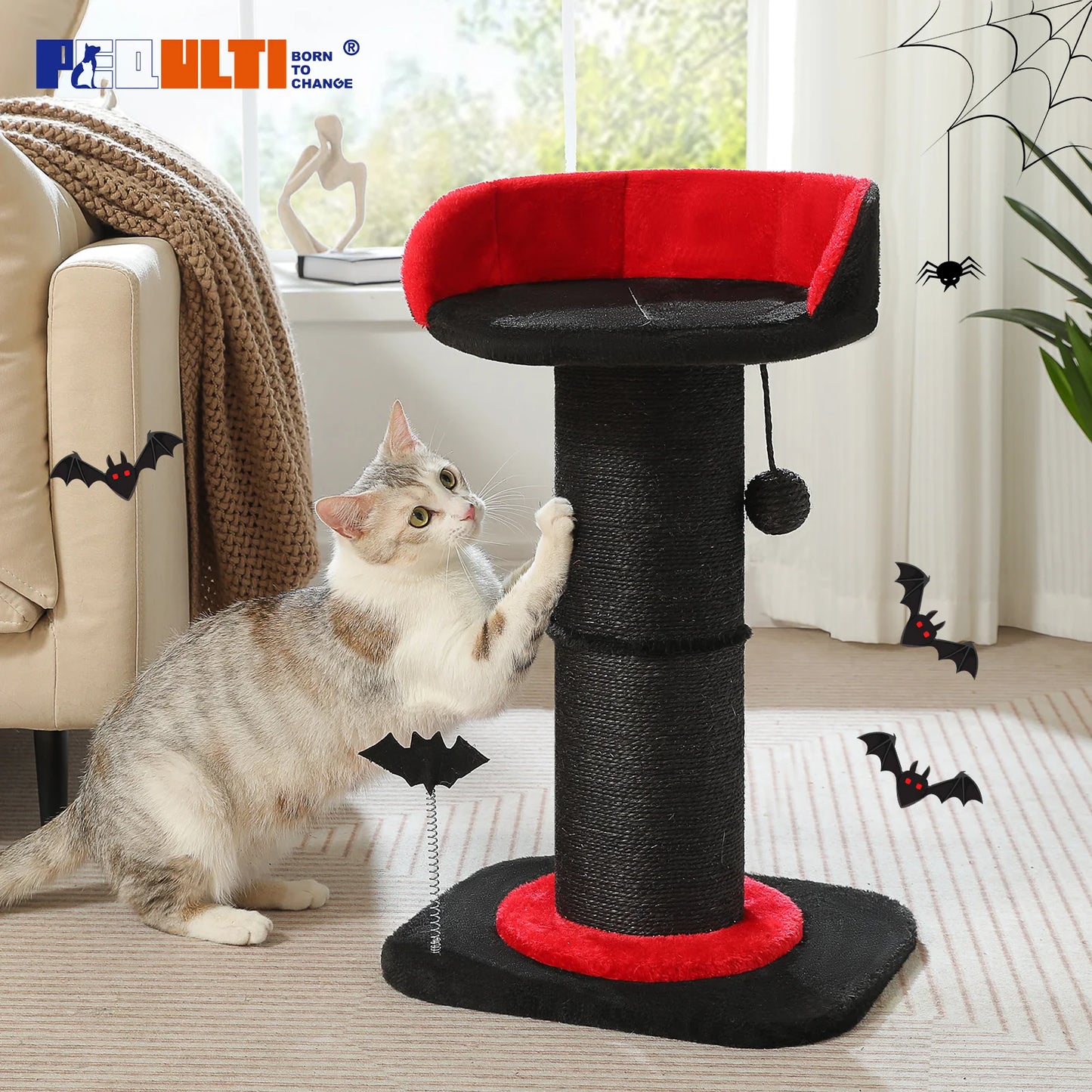 Stable Black Gothic Cat Scratching Post With Thick Post And Spiderweb Bed