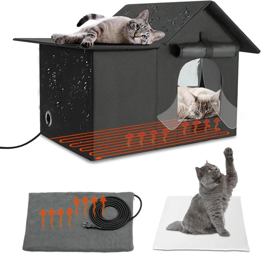 Large Heated Outdoor Cat House With Weatherproof Insulated Shelter And Pads