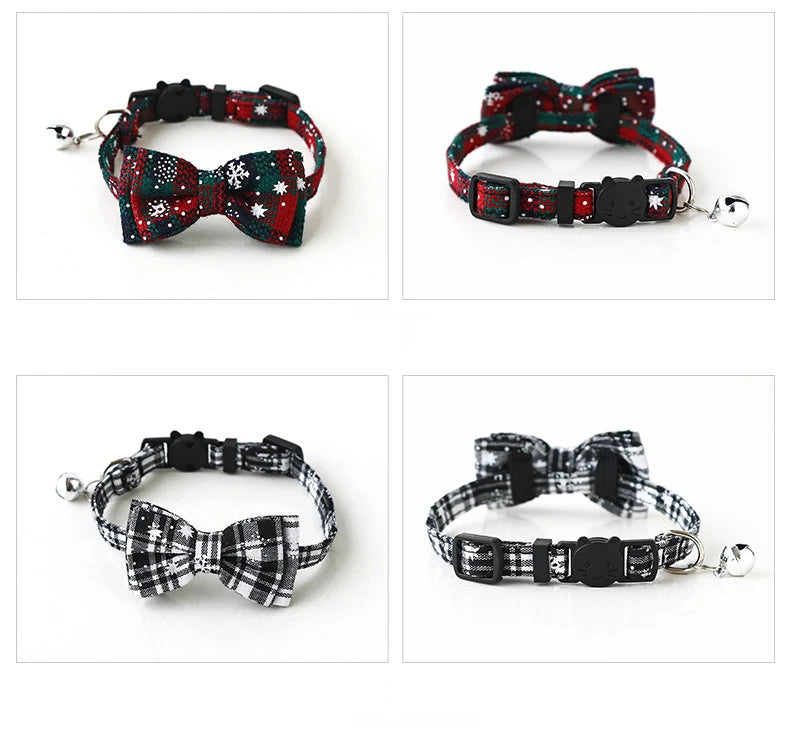 Christmas Bowknot Plaid Bell Collar for Cats and Small Dogs Adjustable Breakaway