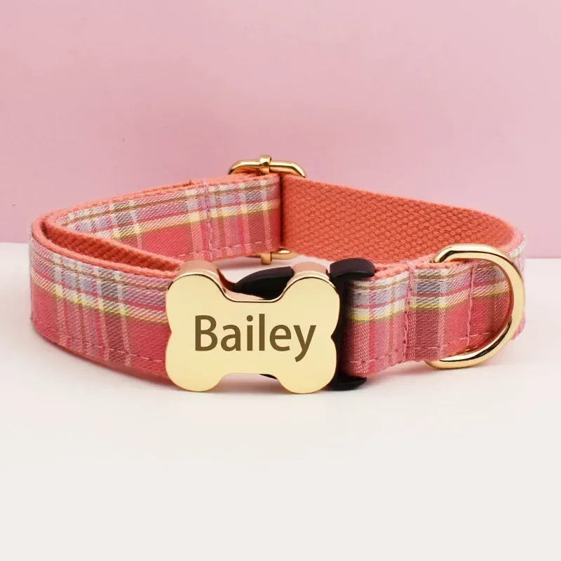 Custom Logo Plaid Dog Collar Personalized Cotton Padded Comfort