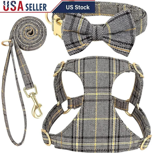 Adjustable Dog Harness Leash Set For Small Dogs And Cats Plaid Design