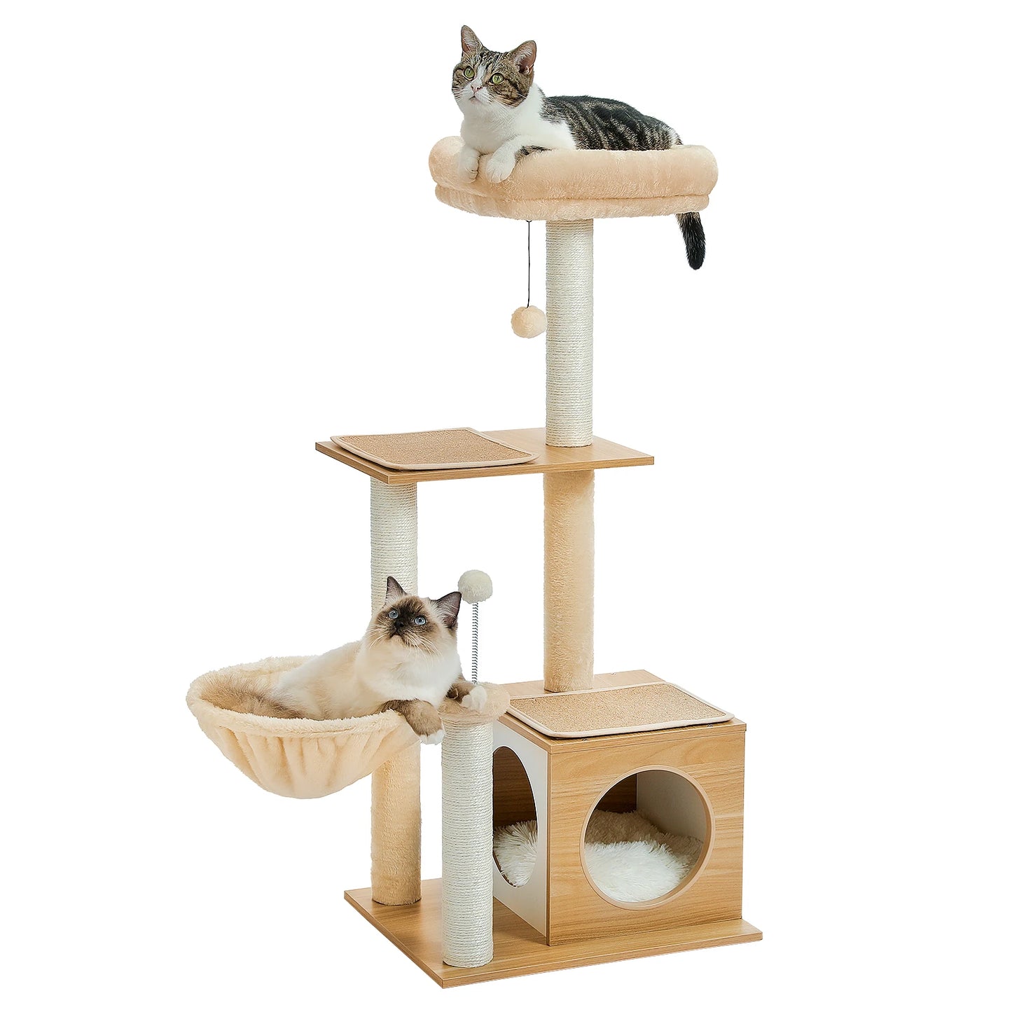 Modern Wood Cat Tree Tower For Indoor Cats With Condo Hammock Scratching Posts