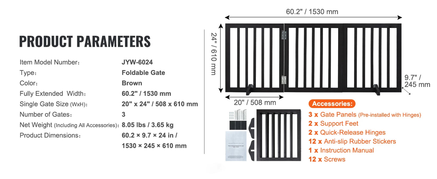 SucceBuy Free Standing Dog Gate With 3 Panels Foldable For Narrow Passages