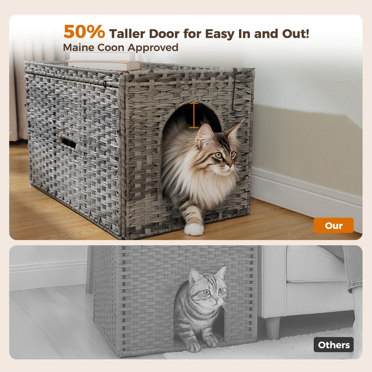 Rattan Cat Litter Box Enclosure With Taller Doorway And Flip Up Design