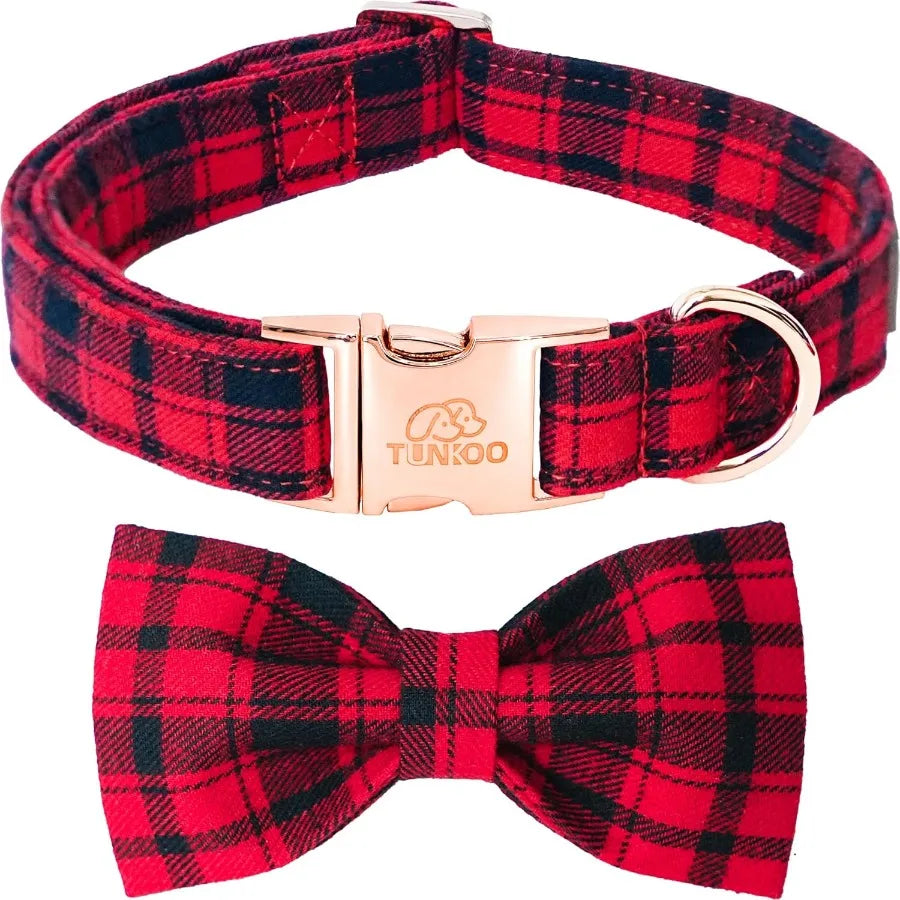 Christmas Dog Collar With Bow Tie Red Plaid Cotton Adjustable S M L