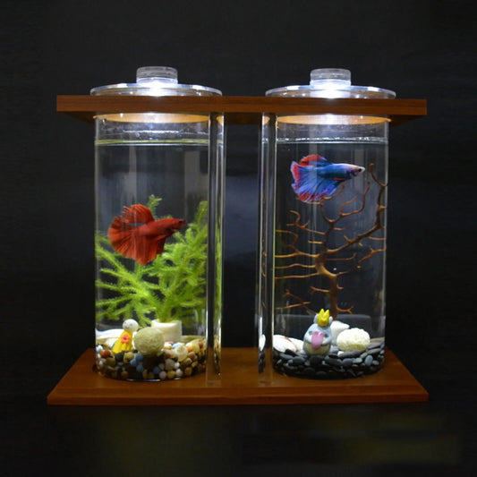 Mini Glass Betta Fish Tank with Bamboo Base for Stylish Desktop Decor