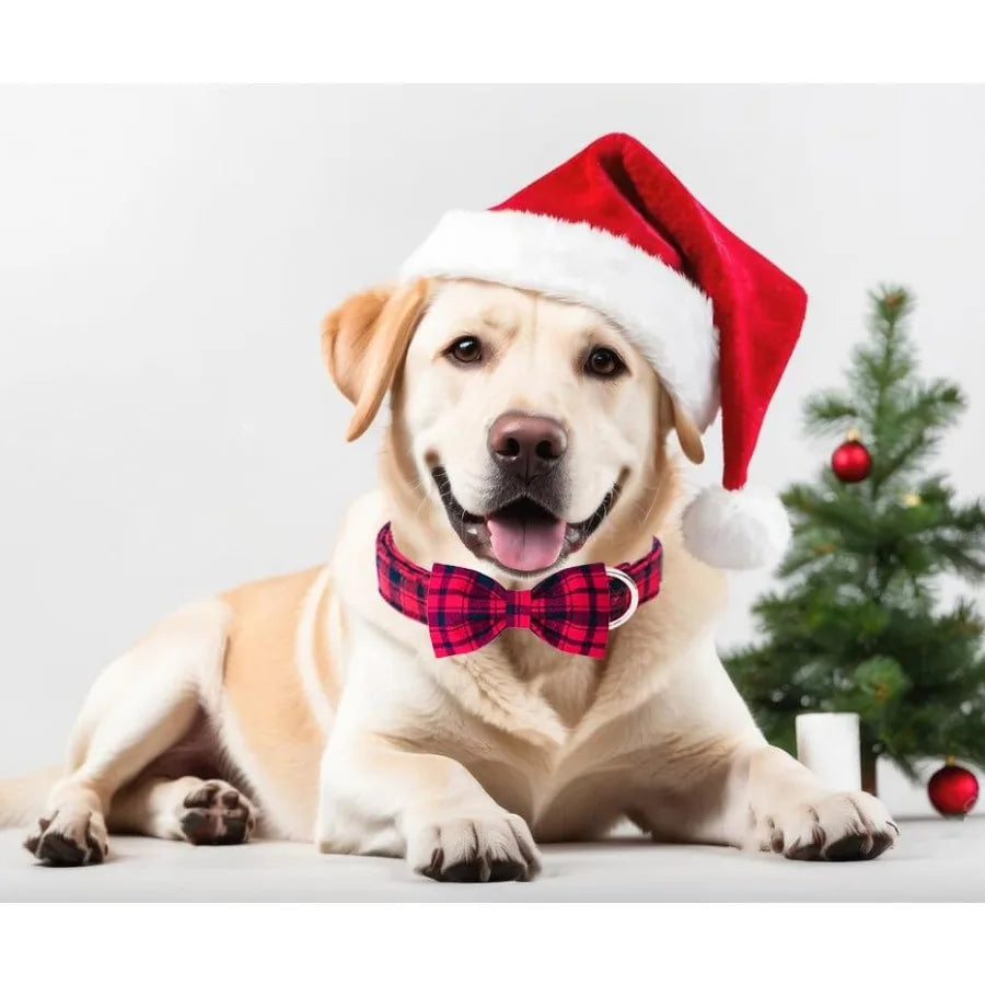 Christmas Dog Collar With Bow Tie Red Plaid Cotton Adjustable S M L