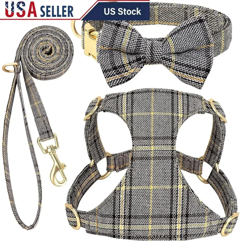 Adjustable Dog Harness Leash Set For Small Dogs And Cats Plaid Design